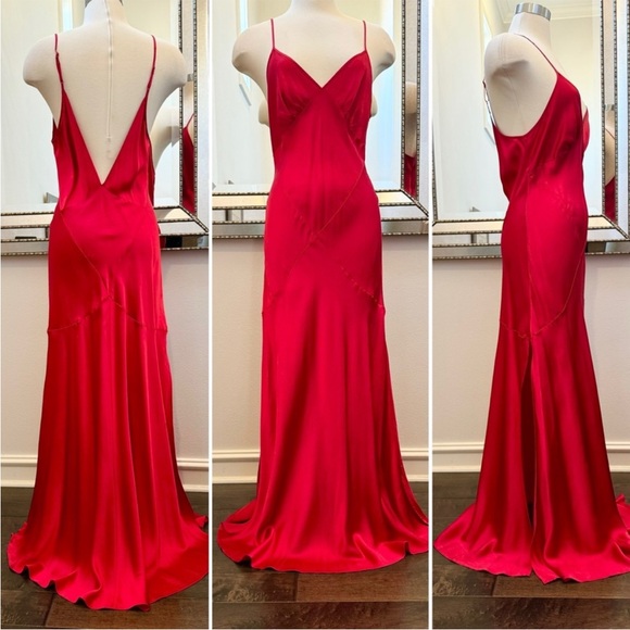 Vintage 90s 100% Silk Slip Dress Crimson Red High Slit Silk Dress Backless Bella - Picture 9 of 16
